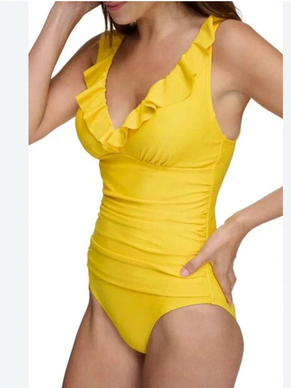 DKNY Ruffle Plunge Underwire Tummy Control Swimsuit. Bright Yellow size Large